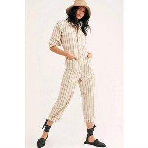 Free People Gia Utility Overall Jumpsuit Size S Beige Embroidery Stitched boho